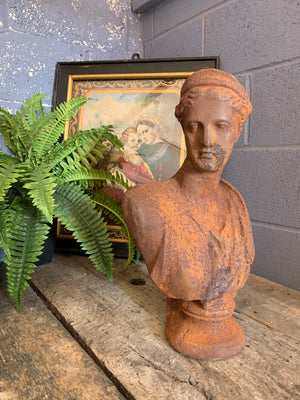 A cast iron bust of the Diana of Versailles (Artemis), goddess of the hunt