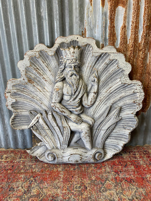 A very large hand-carved wooden plaque depicting Neptune
