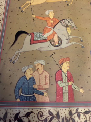 A large print of a Mughal silk painting ~ horseback polo scene