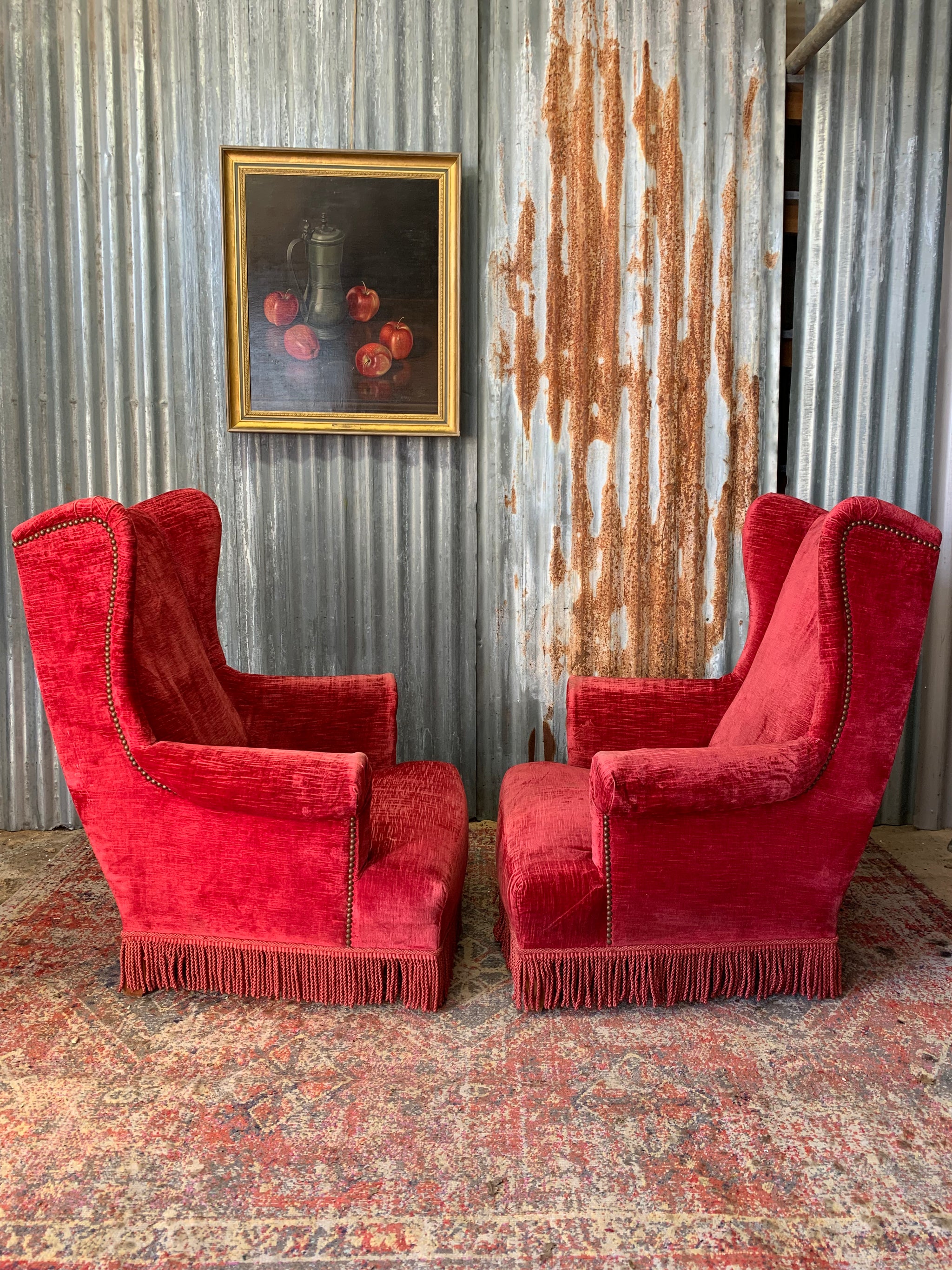 Red velvet wingback chair deals